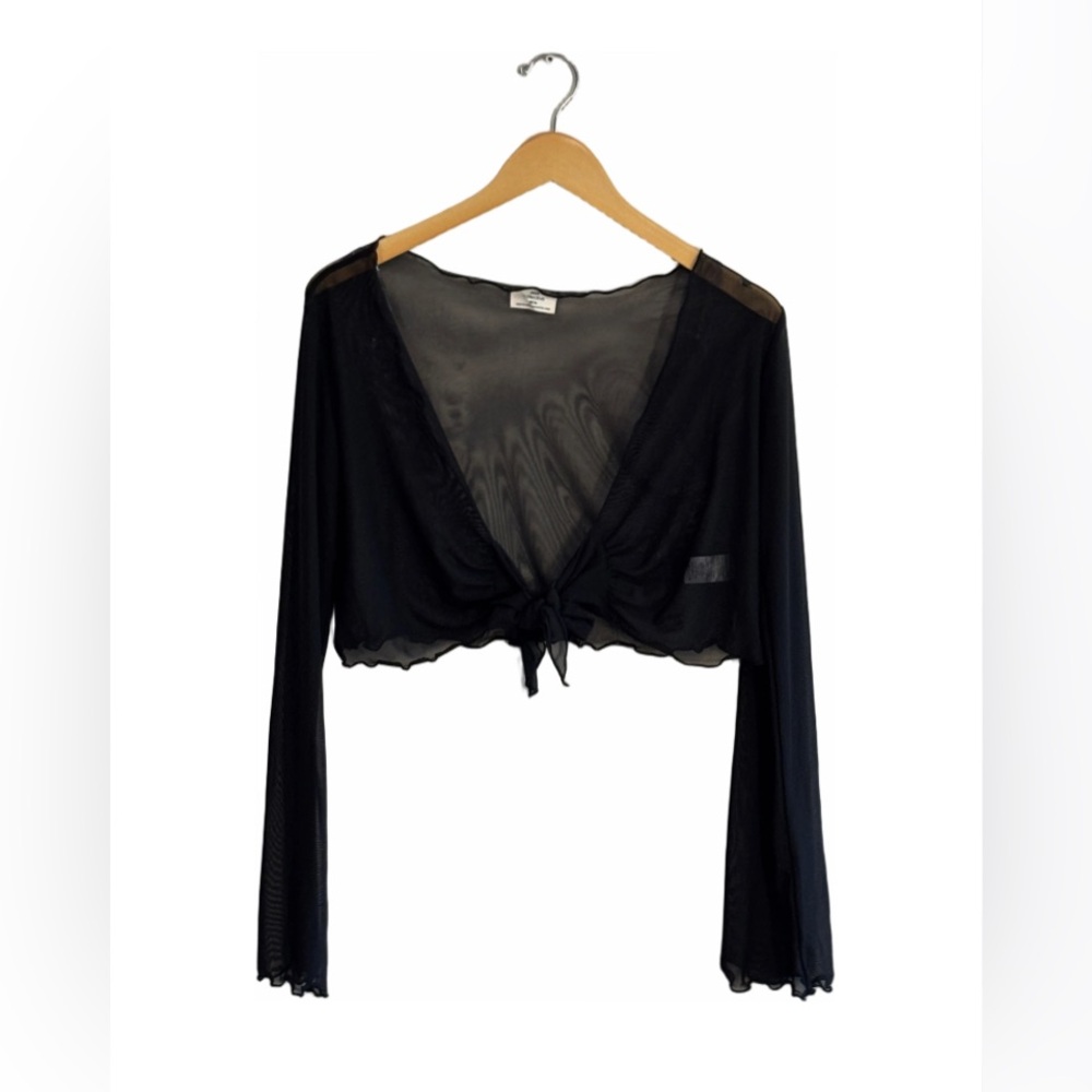 Sheer Black Long Sleeve Tie-Front Cover Up Top/ Layering Piece